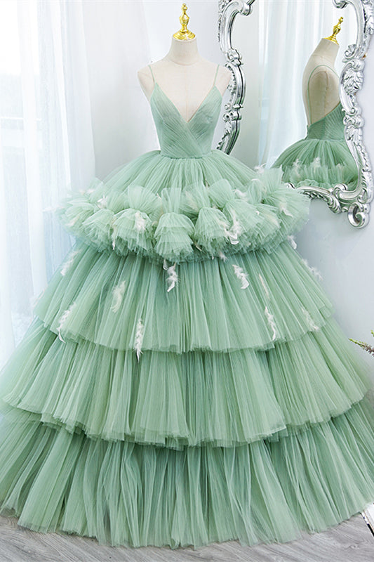Mint Green Deep V Neck Pleated Straps Ruffle-Layers Maxi Formal Dress