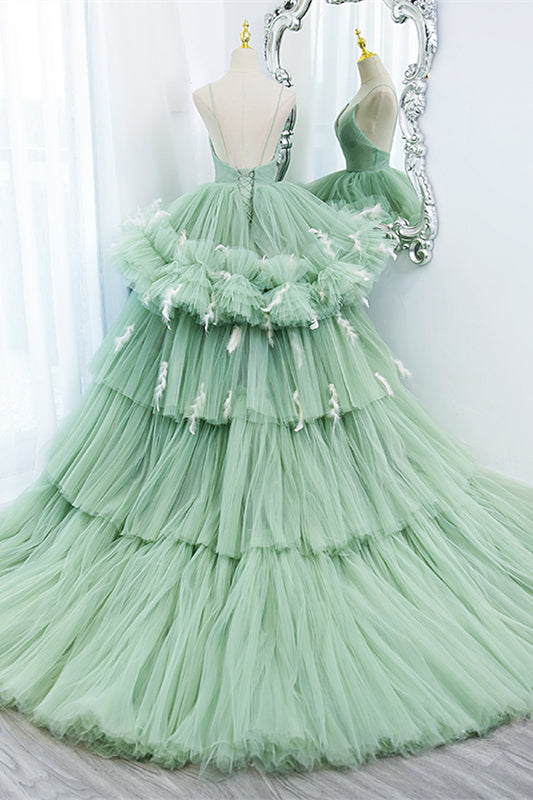 Mint Green Deep V Neck Pleated Straps Ruffle-Layers Maxi Formal Dress