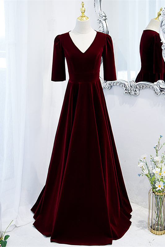 Burgundy V Neck Half Sleeves Velvet Maxi Formal Dress