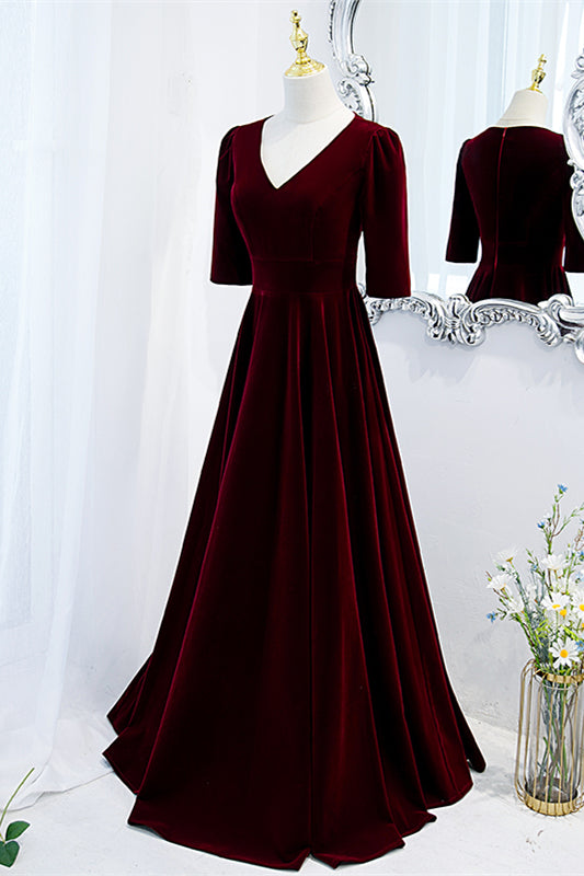 Burgundy V Neck Half Sleeves Velvet Maxi Formal Dress