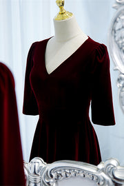 Burgundy V Neck Half Sleeves Velvet Maxi Formal Dress