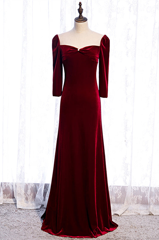 Burgundy Illusion Neck Long Sleeves Pleated Maxi Formal Dress with Pearl