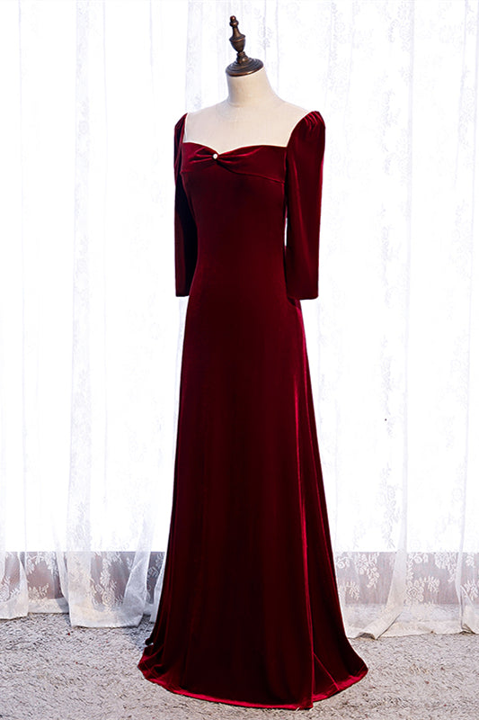 Burgundy Illusion Neck Long Sleeves Pleated Maxi Formal Dress with Pearl