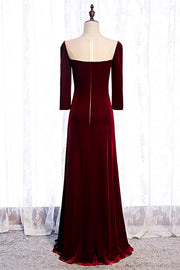 Burgundy Illusion Neck Long Sleeves Pleated Maxi Formal Dress with Pearl