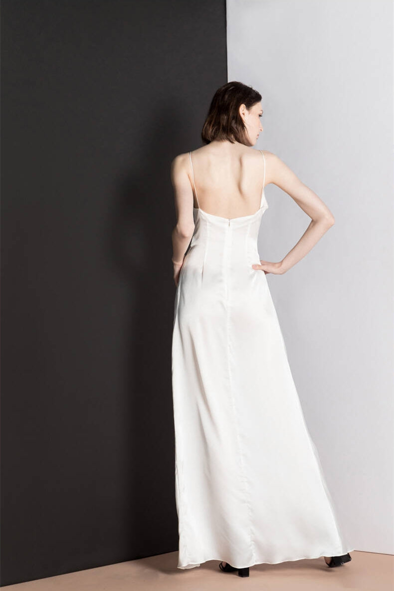 Square Neck White Long Dress with Slit