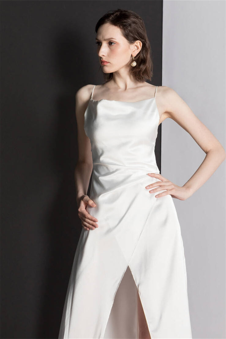 Square Neck White Long Dress with Slit