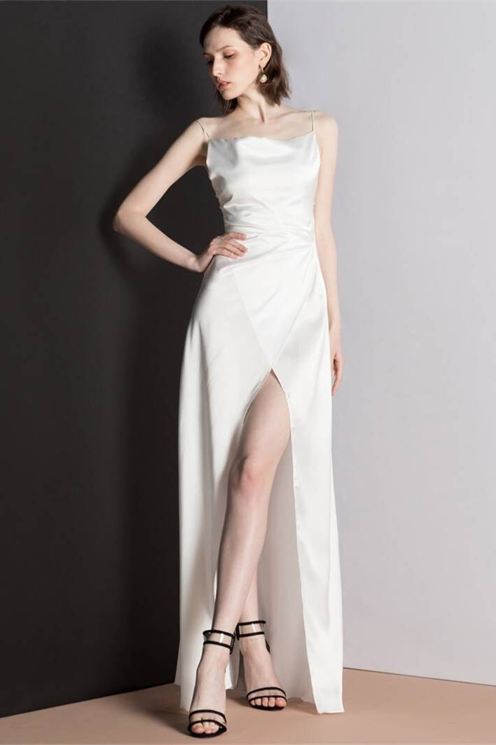 Simple Satin Ruched Empire Party Prom Dress With Slit White / US 12