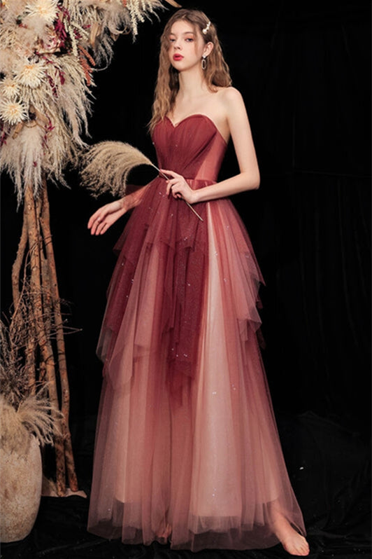 Strapless Burgundy Ombre Long Evening Dress