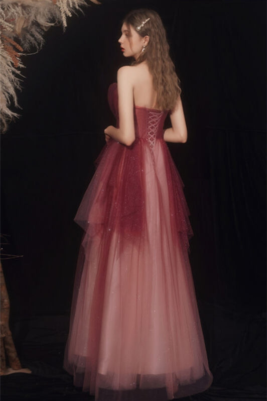 Strapless Burgundy Ombre Long Evening Dress