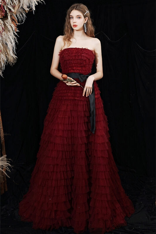 Strapless Burgundy Tiered Long Formal Gown