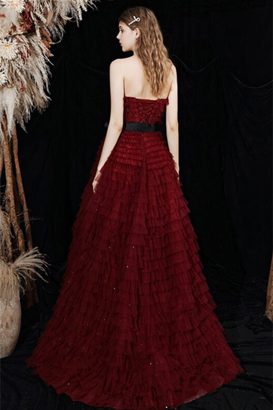 Strapless Burgundy Tiered Long Formal Gown
