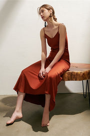 Straps Rust Orange Tea Length Dress