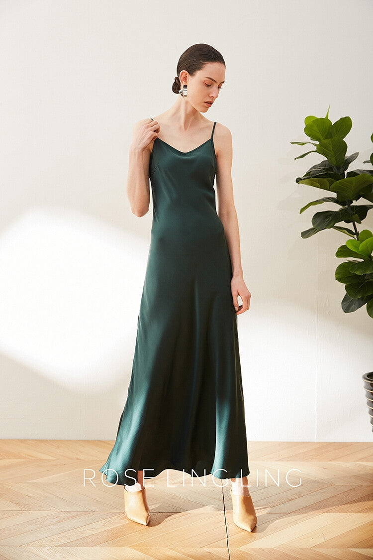 Straps Dark Green Tea Length Dress Lavender / US 6
