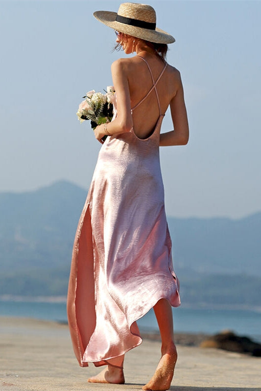 Straps Pink Long Maxi Dress with Slit
