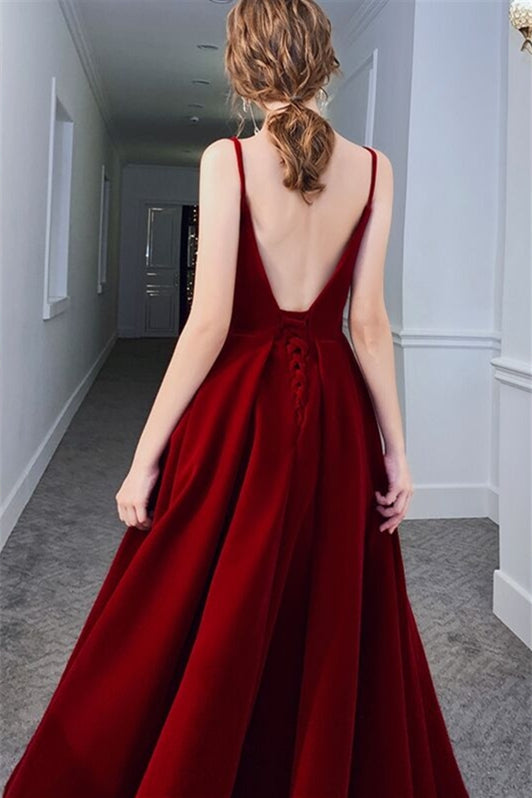 Straps Wine Red Velvet Long Formal Dress with Pockets