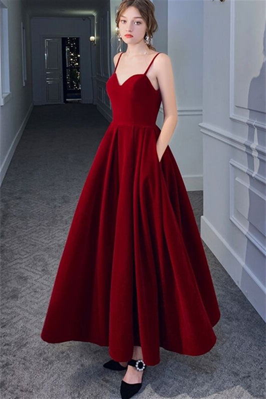 Straps Wine Red Velvet Long Formal Dress with Pockets