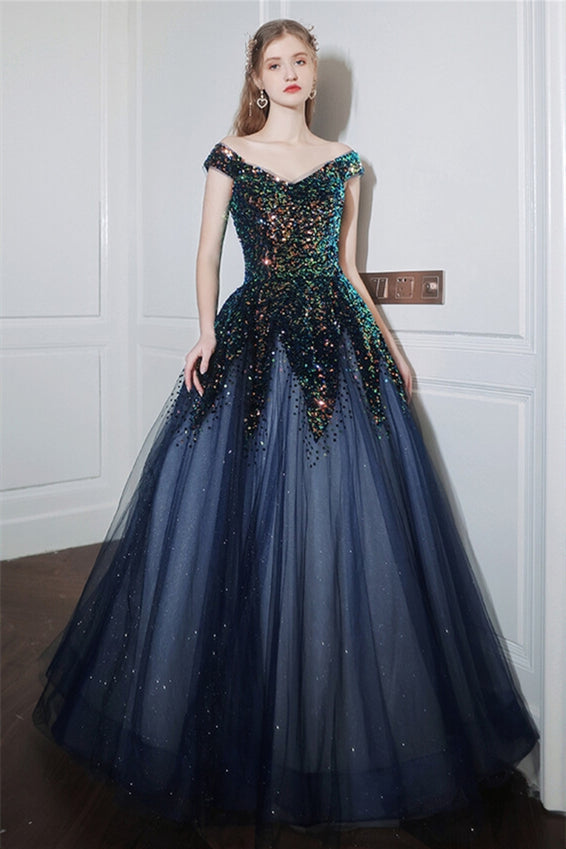 Stunning Navy Blue Off the Shoulder Long Ball Gown