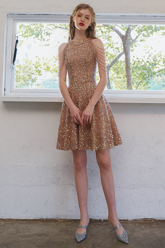 Stunning Rose Gold Sequined Short Party Dress - Joyofdress