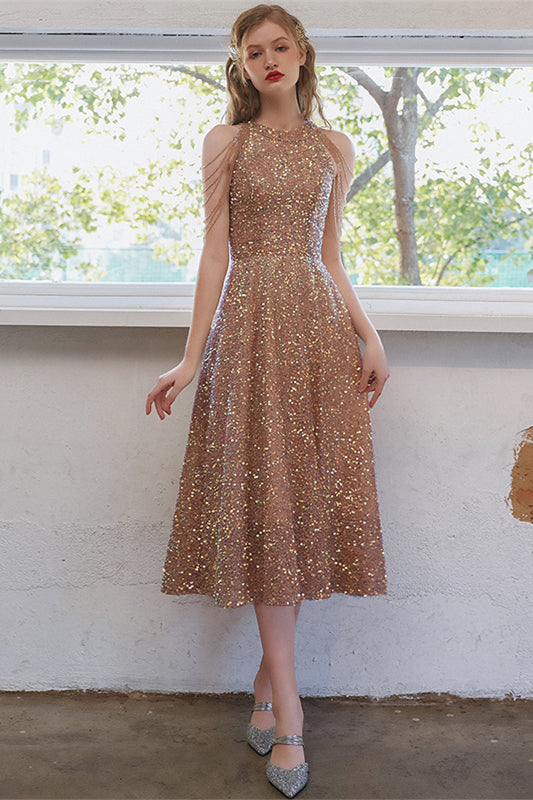 Stunning Rose Gold Sequined Short Party Dress