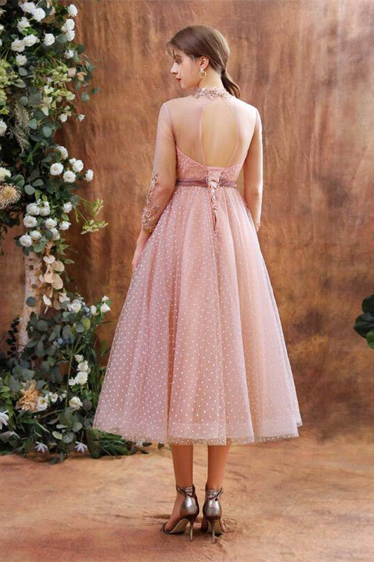 Tea Length Pink Polk Dots Party Dress