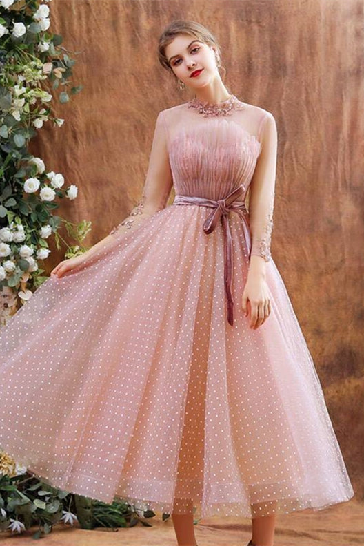 Tea Length Pink Polk Dots Party Dress