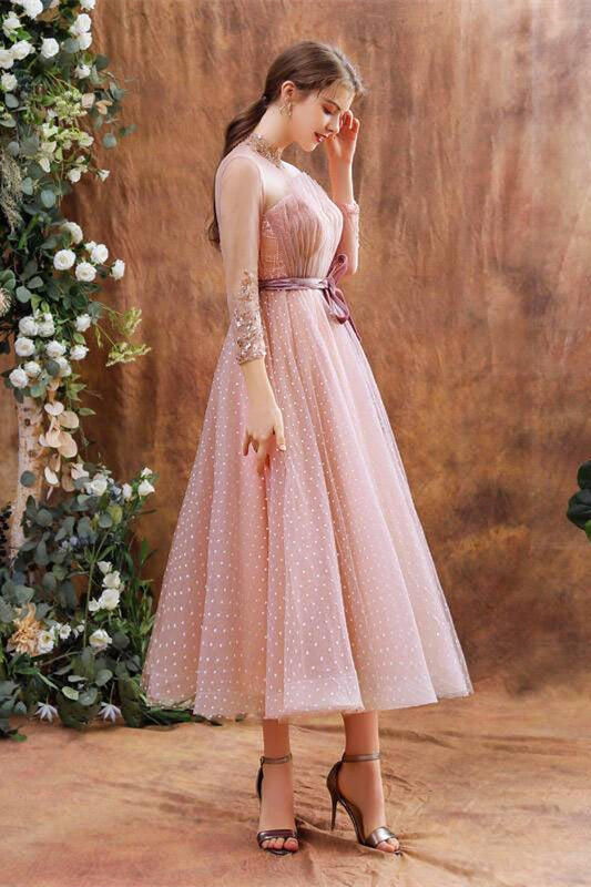 Tea Length Pink Polk Dots Party Dress