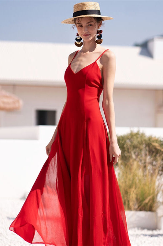 V Neck Red Chiffon Maxi Dress Red / Custom Size
