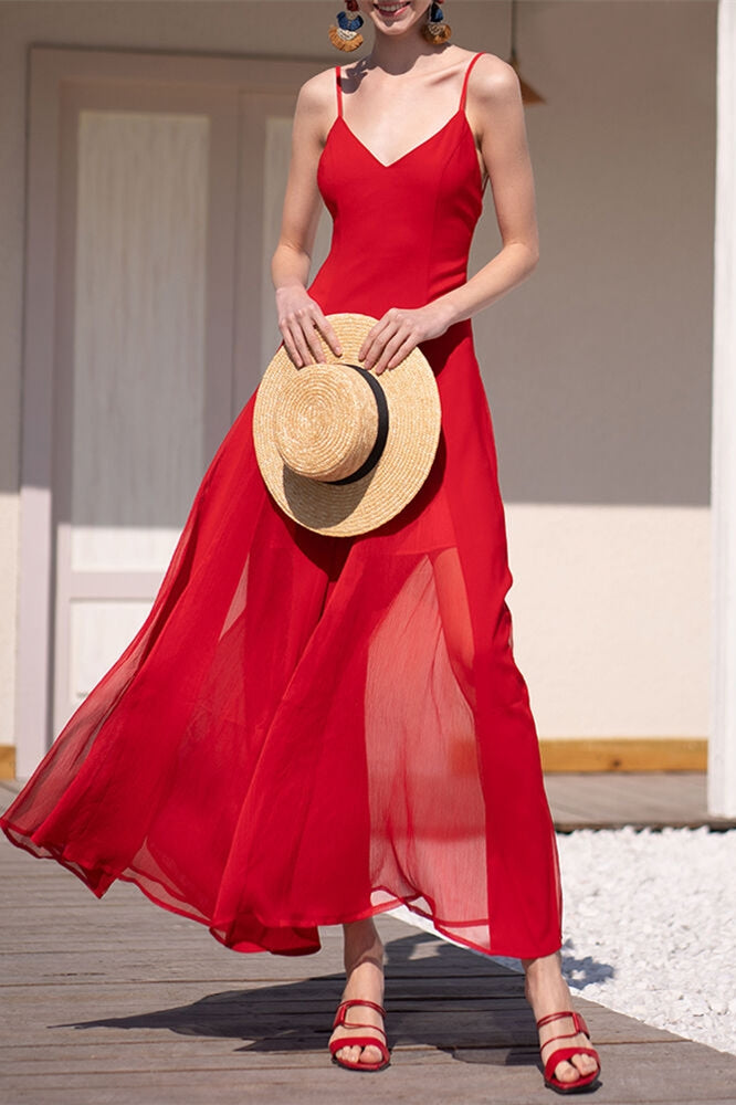V Neck Red Chiffon Maxi Dress Red / Custom Size