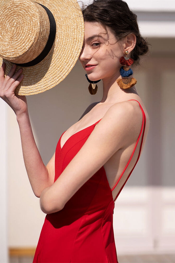 V Neck Red Chiffon Maxi Dress Red / Custom Size