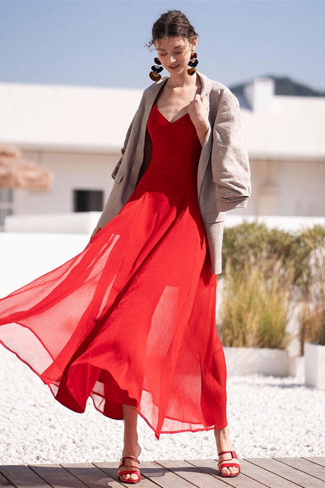 V Neck Red Chiffon Maxi Dress Red / Custom Size