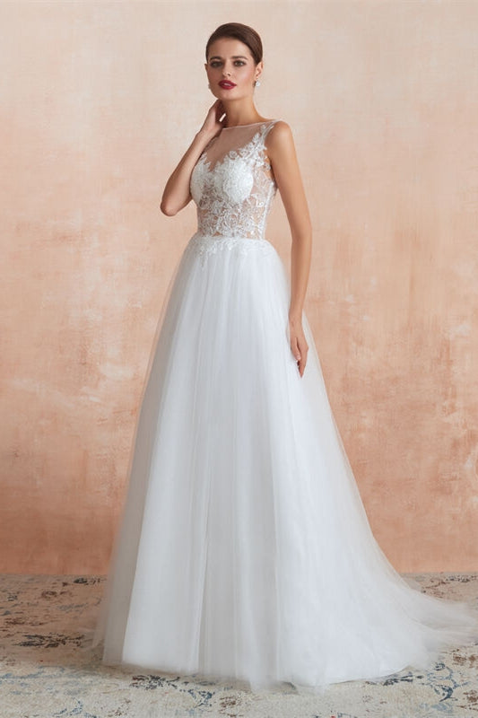 White Tulle Long Wedding Dress