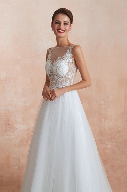 White Tulle Long Wedding Dress