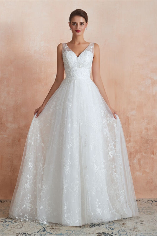 White Lace A-line Long Wedding Dress