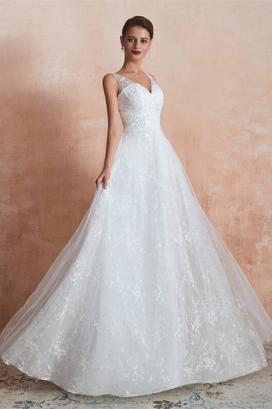 White Lace A-line Long Wedding Dress