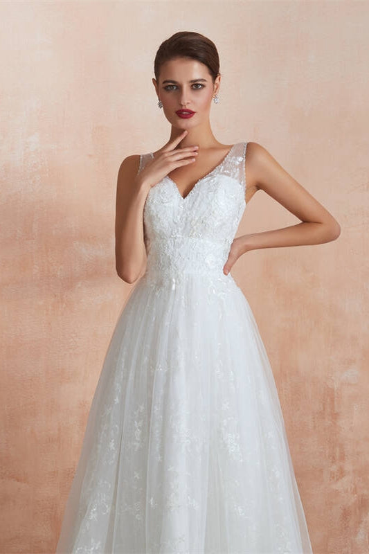 White Lace A-line Long Wedding Dress