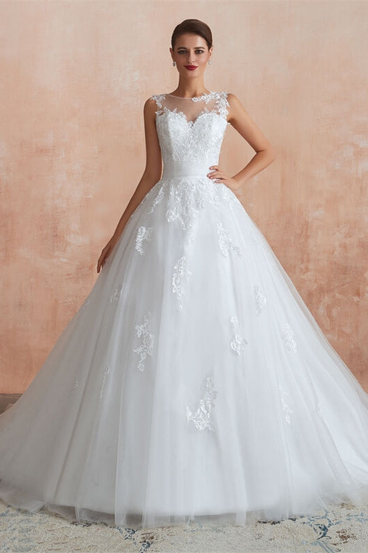 Modest White Tulle Long Wedding Dress With Lace Embroidery