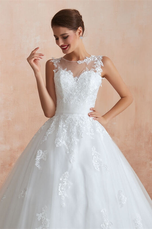 Modest White Tulle Long Wedding Dress With Lace Embroidery