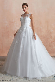 Modest White Tulle Long Wedding Dress With Lace Embroidery