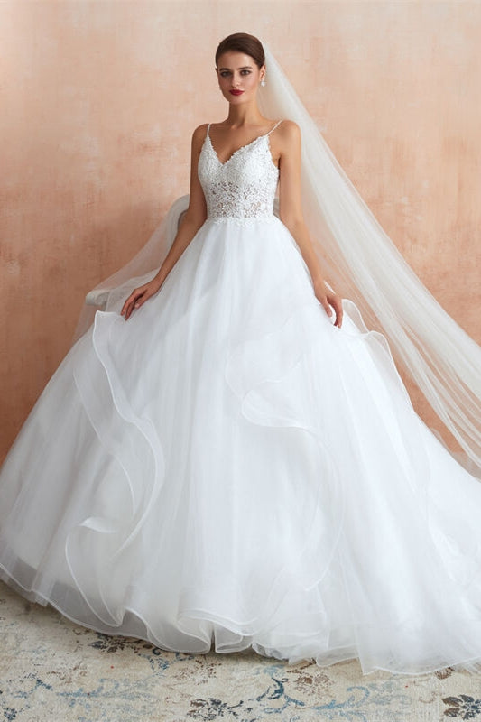 white layered wedding dress Ivory A-Line Wedding Dress with Pleated Skirt Layered Tulle Ruffle Dress with Lace Corset Plus Size RAFFAELLA Size 8