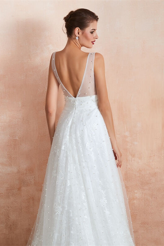 Casual White Long Wedding Dress with Pearls