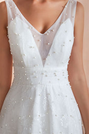 Casual White Long Wedding Dress with Pearls