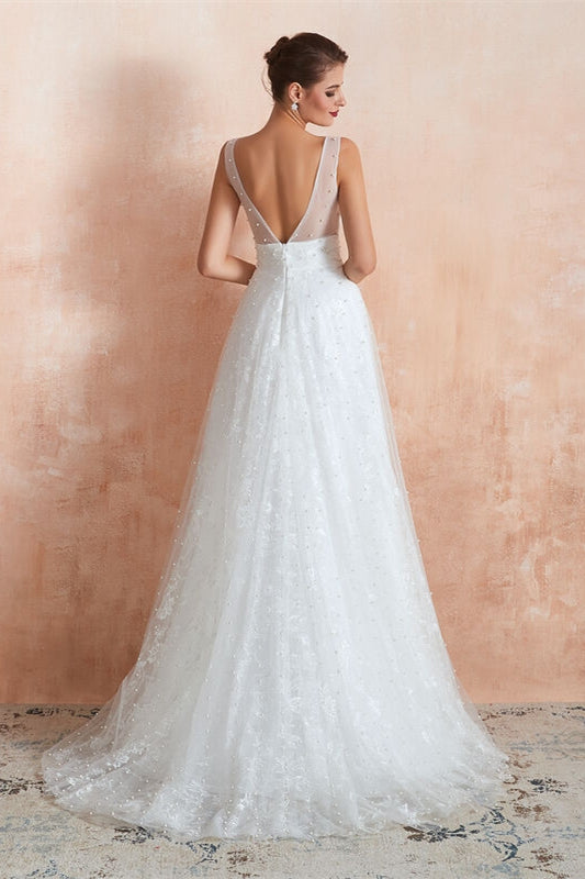 Casual White Long Wedding Dress with Pearls