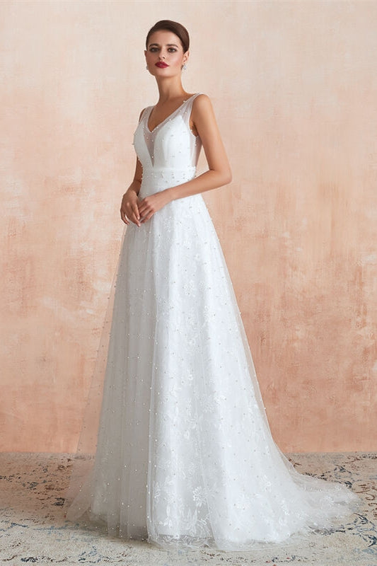 Casual White Long Wedding Dress with Pearls