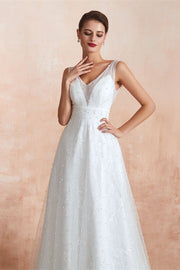 Casual White Long Wedding Dress with Pearls