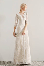 Half Sleeves Ivory Lace Long Wedding Dress