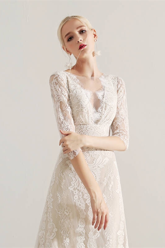 Half Sleeves Ivory Lace Long Wedding Dress