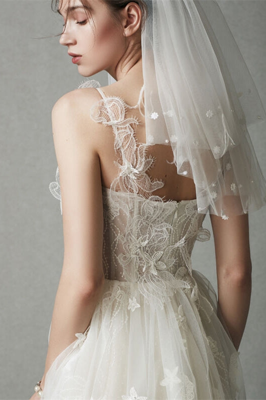 Ivory Tulle Long Wedding Dress with V Neck