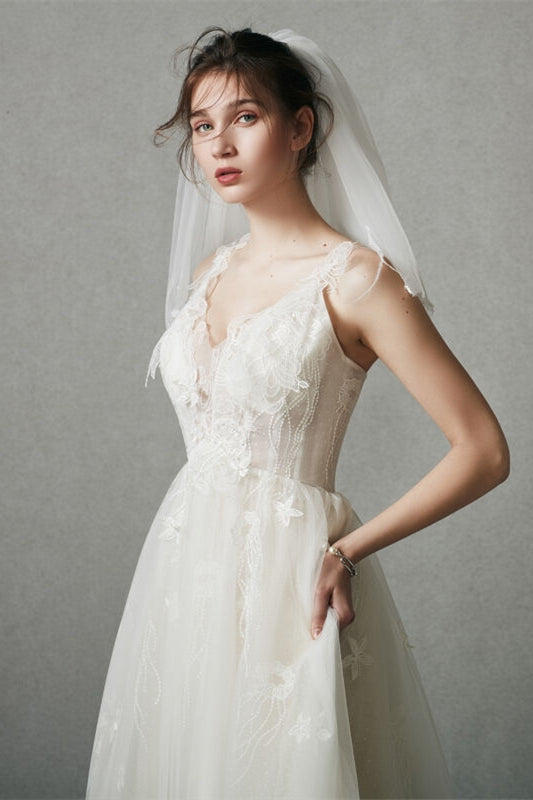 Ivory Tulle Long Wedding Dress with V Neck