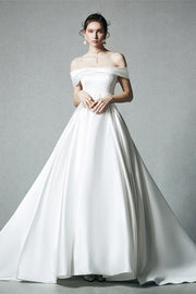 Off the Shoulder White Satin Long Wedding Dress