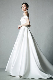Off the Shoulder White Satin Long Wedding Dress